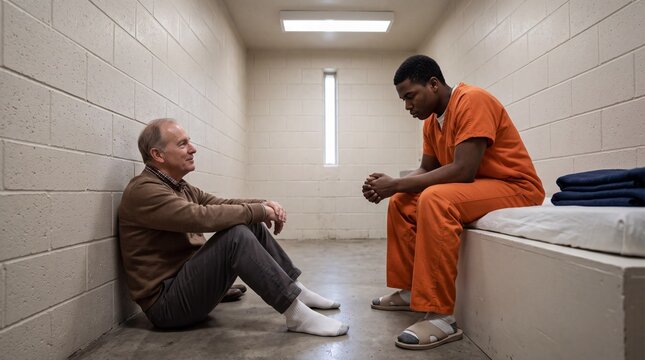 Supportive mature father sitting on the floor talking to young african american inmate son in prison cell. Family member visiting sad convicted prisoner during correctional rehabilitation.