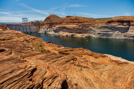 View of Glen Canyon Dam and Lake Powell at low water