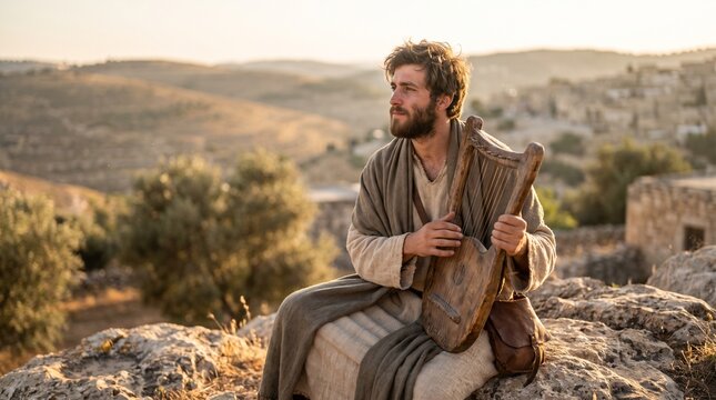 Young shepherd King David in traditional robes holding a carved wooden lyre on hillside at golden hour