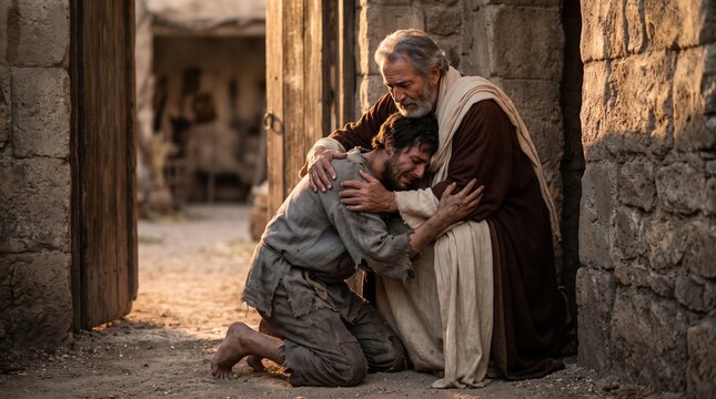 Emotional embrace of father forgiving his kneeling repentant son outside ancient stone house