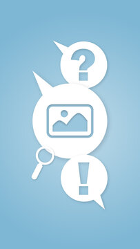 A conceptual illustration featuring chat bubbles with a question mark, a picture icon, and an exclamation mark, symbolizing communication, query, and problem solving.