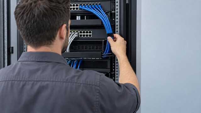 IT-Techniker ordnet Patchkabel in einem Netzwerkschrank