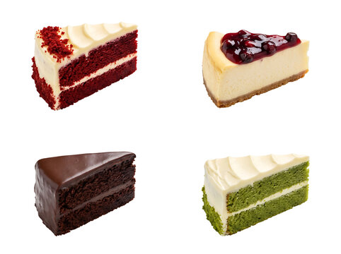 Four slices of different cakes arranged in a grid isolated element on transparent background