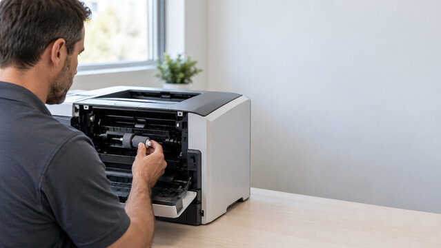 IT-Techniker wartet einen Laserdrucker im B&uuml;ro