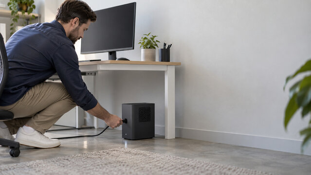 IT-Techniker schlie&szlig;t Mini-PC am modernen Arbeitsplatz an