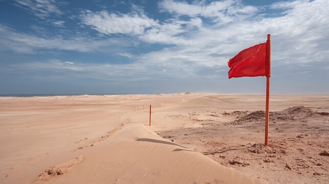 Red flag waving on a sandy beach warning of danger or hazardous conditions isolated in a desolate landscape with blue sky and clouds