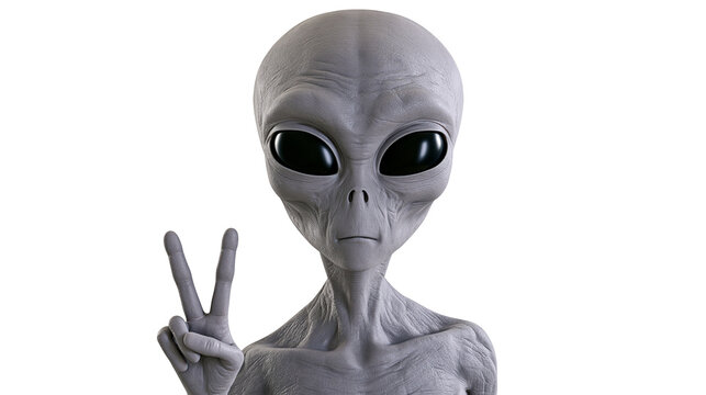 Gray alien with large black eyes making peace sign, isolated on transparent background
