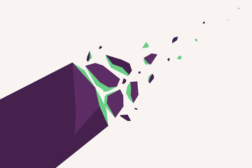 Fototapeta premium Purple block breaking apart into angular flying shards with green highlights