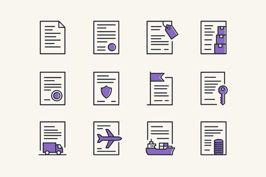 Freight forwarding document line icons with bill of lading customs tag and seal