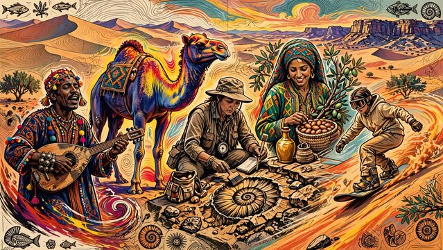 Colorful illustration of Moroccan culture featuring a Gnawa musician playing an oud, a dromedary camel, an archaeologist excavating an ammonite, a Berber woman, and a sandboarder surfing dunes