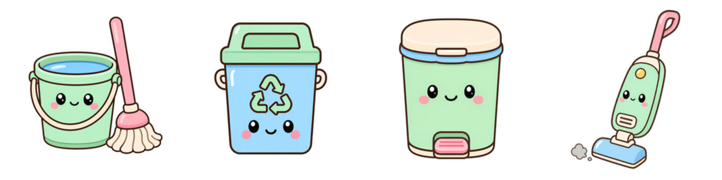 Cute cleaning illustration featuring bucket, recycling bin, trash can, mop, and vacuum cleaner
