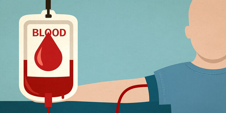 Blood transfusion bag hanging with a tube connected to a person's arm. The bag is filled with red blood and a drop of blood is shown falling