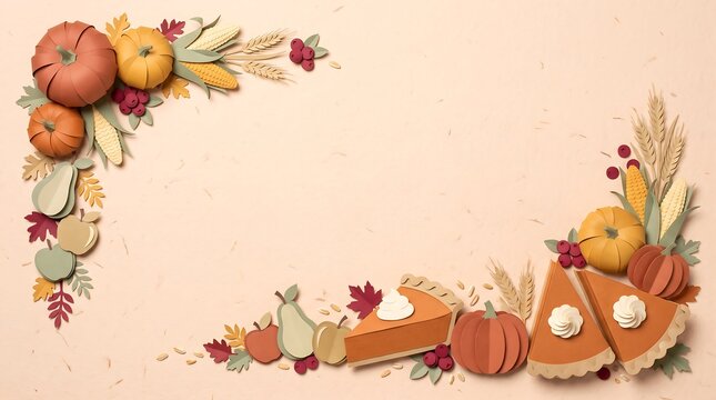 Thanksgiving border frame with pumpkins and pumpkin pie slices on beige
