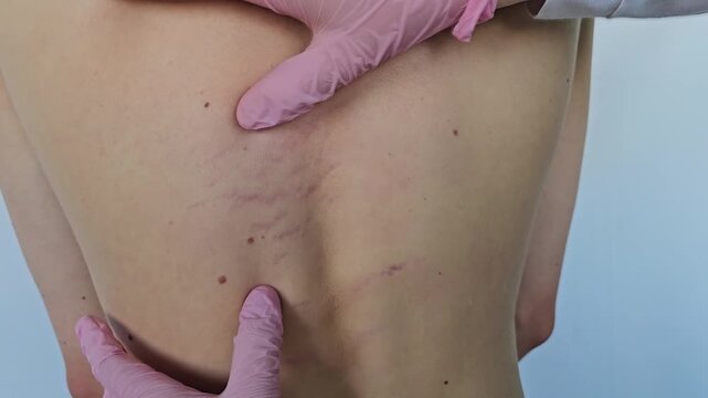 A teenager back shows horizontal blue-violet streaks along the spine