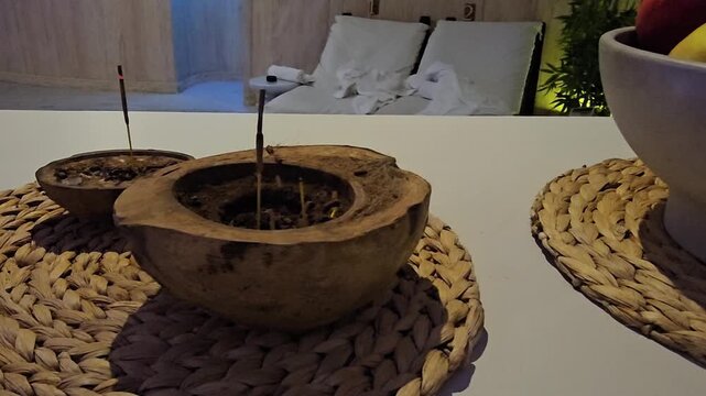 Plants in small pots on a table in a room with soft lighting during the evening time