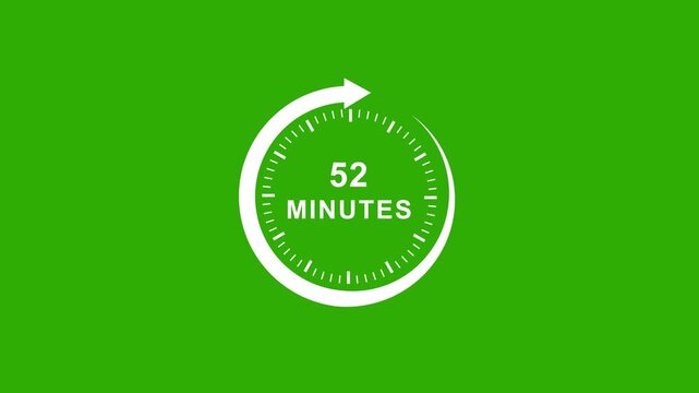 Animated 52 minute countdown timer clock with smooth circular motion and minimalist white on a solid green screen background, for easy chroma, key compositing and editing