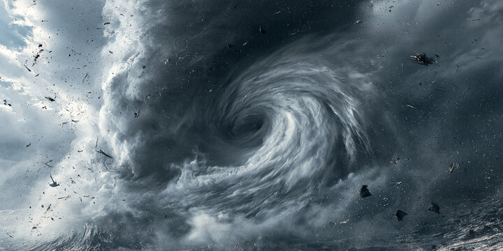 A powerful hurricane vortex swirling in the sky, with debris flying around. The dramatic clouds and turbulent atmosphere depict the immense force of nature
