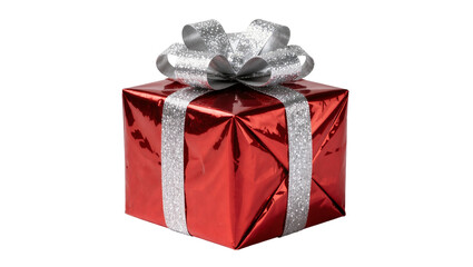 Fototapeta premium Shiny red gift box with silver glitter ribbon and bow, isolated on transparent background