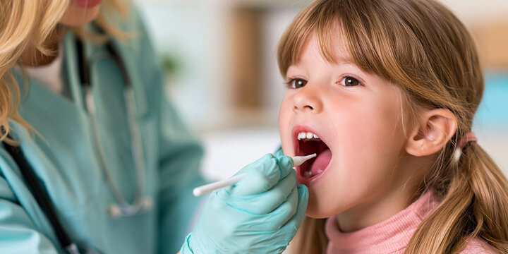 Doctor examining a young girl's throat with a cotton swab. The girl is opening her mouth wide while the doctor, wearing gloves and a medical coat, gently swabs her throat