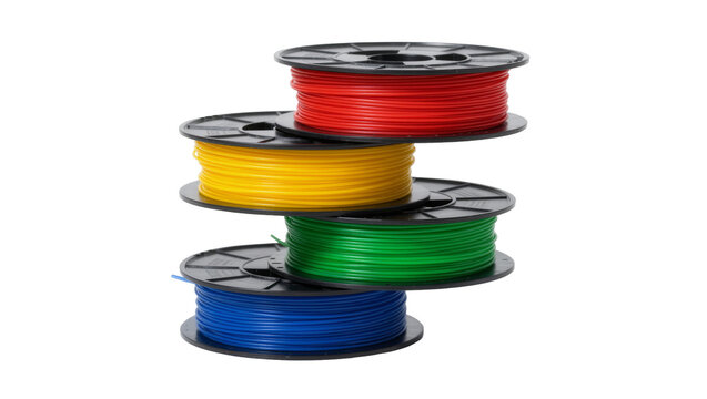 Stack of four colorful 3D printer filament spools, isolated on transparent background