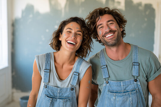 Renovation Joy A happy couple in denim overalls, with paint-splattered faces, share a laugh while renovating their home, embodying the excitement of a new beginning.