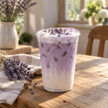 Iced lavender latte in a clear plastic cup with a creamy foam topping and dried lavender buds, sitting on a rustic wooden table with lavender sprigs