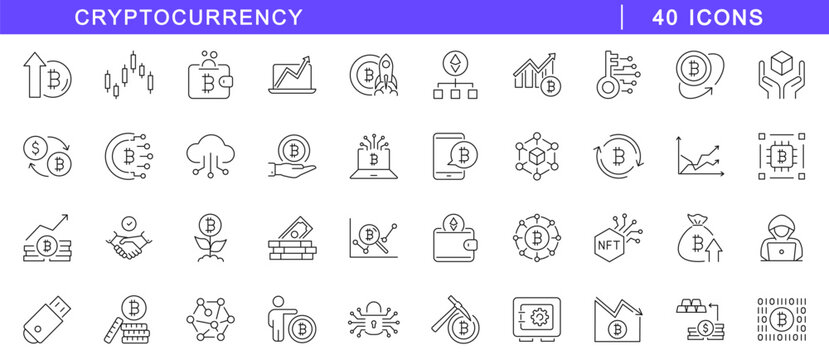 Cryptocurrency icon set. Crypto icon in line style. Editable web icons bitcoin, blockchain, wallet, exchange, encryption, digital banking, finance etc. Vector illustration.