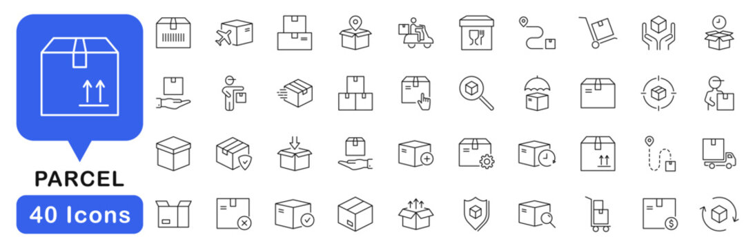 Parcel icon set. Package box icon in line style. Editable web icons logistics, packing, delivery, box, container, shipping, transportation etc. Vector illustration.