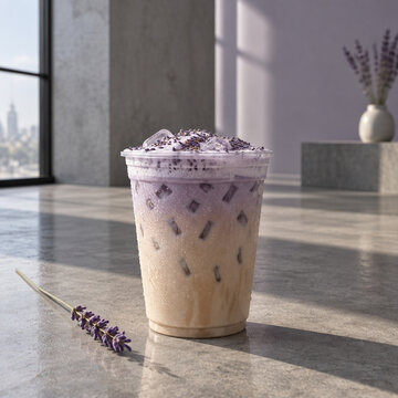 Iced lavender latte in a clear plastic cup with purple foam and dried lavender garnish on a concrete surface with a city view in the background