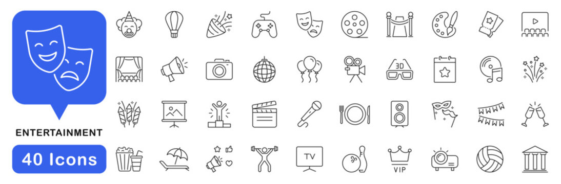 Entertainment icon set. Holiday icon in line style. Editable web icons meeting, event, celebration, party, cinema, theater, music, game, sport etc. Vector illustration.