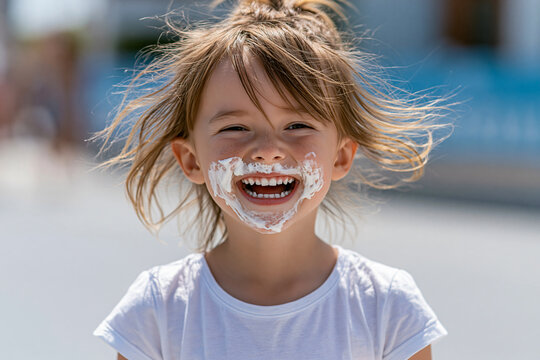 Joyful Summer Splash A young girl with sunscreen smeared across her face laughs heartily, her eyes sparkling with pure delight during a sunny summer day, embodying carefree childhood fun.