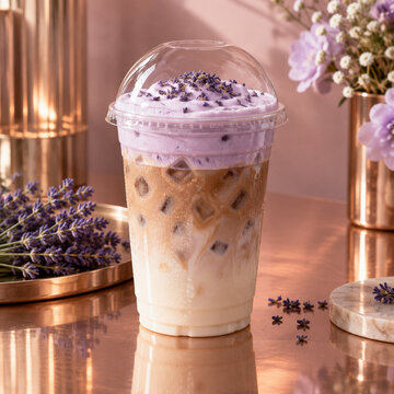 Iced lavender latte in a clear plastic cup with purple foam topping and dried lavender buds, set on a reflective copper surface with floral decor