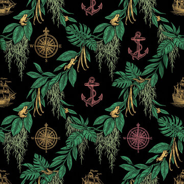 Vintage nautical seamless pattern featuring hand drawn tropical foliage with exotic frogs and antique maritime navigation elements like compasses and anchors on a dark black background