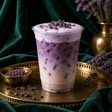 Iced lavender latte with purple foam topping and dried lavender buds, served in a clear plastic cup on a vintage gold tray against a dark green velvet background