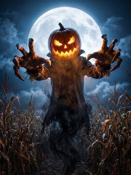 Scary pumpkin head scarecrow floating in cornfield under full moon at night