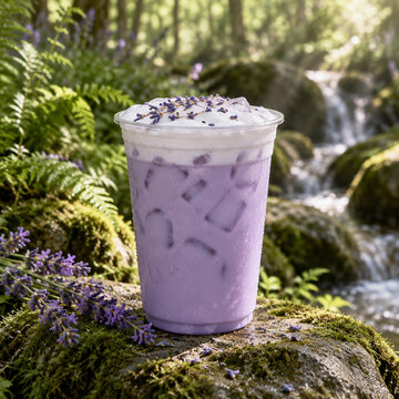Refreshing iced lavender latte with creamy foam topping and fresh lavender sprigs, served in a clear plastic cup on a mossy rock by a forest stream