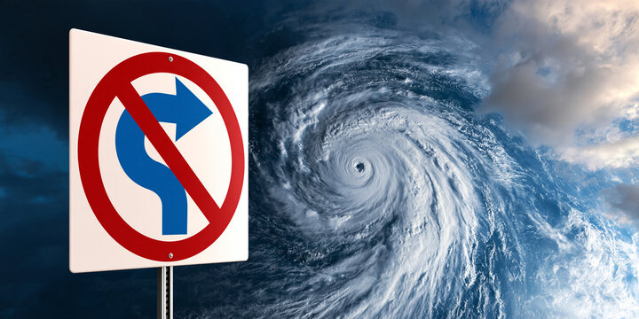 A prohibition sign forbidding a right turn is superimposed on a hurricane vortex. The scene conveys a message of danger and caution