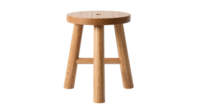 Minimalist round wooden stool with three legs, isolated on transparent background