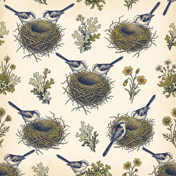 Vintage seamless pattern featuring hand drawn long tailed tits with bird nests and botanical elements like lichen and wildflowers in a classic etched engraving style for textile design