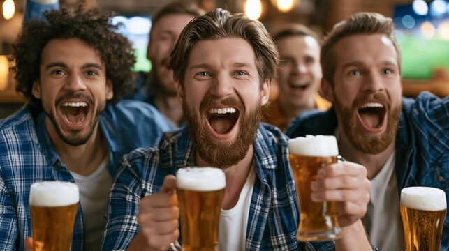 Excited Fans Enjoying Beer A group of jubilant male friends in a pub cheer enthusiastically while holding pints of beer, their faces alight with excitement and shared anticipation.