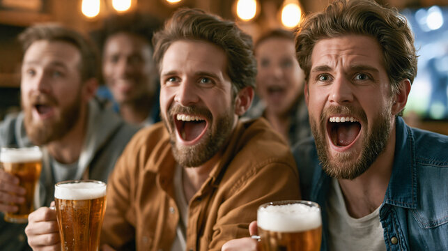 Cheers to Victory A group of ecstatic friends cheer with beers in hand, their faces alight with excitement and anticipation, creating a scene of pure revelry.
