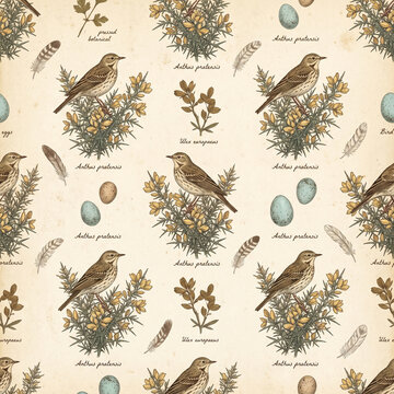 Vintage seamless pattern featuring meadow pipit birds perched on gorse bushes with speckled eggs and feathers in a detailed scientific botanical illustration style on aged paper