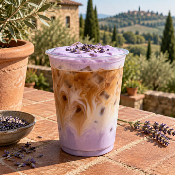 Iced lavender latte with purple foam and dried lavender buds in a clear plastic cup on a rustic stone terrace overlooking a sunny italian landscape