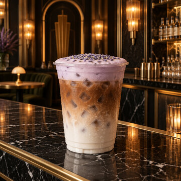 Iced lavender latte with purple foam topping in a clear plastic cup on a luxurious marble bar counter in an elegant dimly lit lounge setting