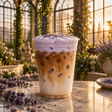Iced lavender latte with purple cold foam and dried lavender buds in a glass cup, set on a marble table in a sunlit greenhouse garden
