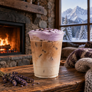 Iced lavender latte with purple cold foam in a plastic cup on a rustic wooden table by a cozy fireplace with a snowy mountain view