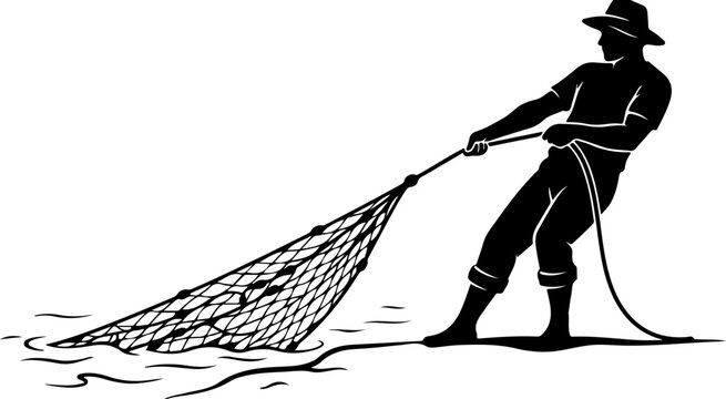 Fisherman Pulling Fishing Net Toward Shore Silhouette
