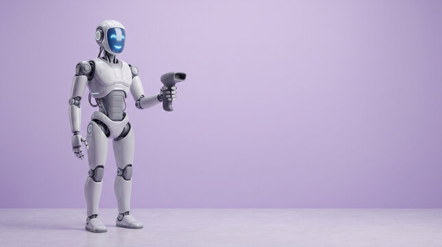 A full body shot of a white humanoid robot with a glowing blue face screen holding a ad social media download thambnail poster web template event festival 2026 2027 2028