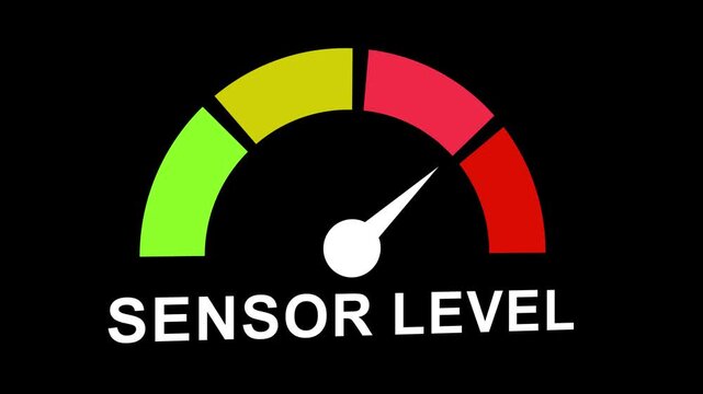 Dynamic sensor level gauge indicator animation featuring moving needle moving across green yellow and red zones for industrial monitoring systems and data visualization analytics dashboard interface