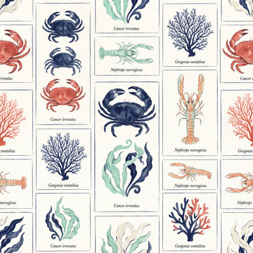 Vintage style seamless pattern featuring hand drawn watercolor marine life illustrations of crabs lobsters and coral reefs on a textured paper background for nautical home decor design